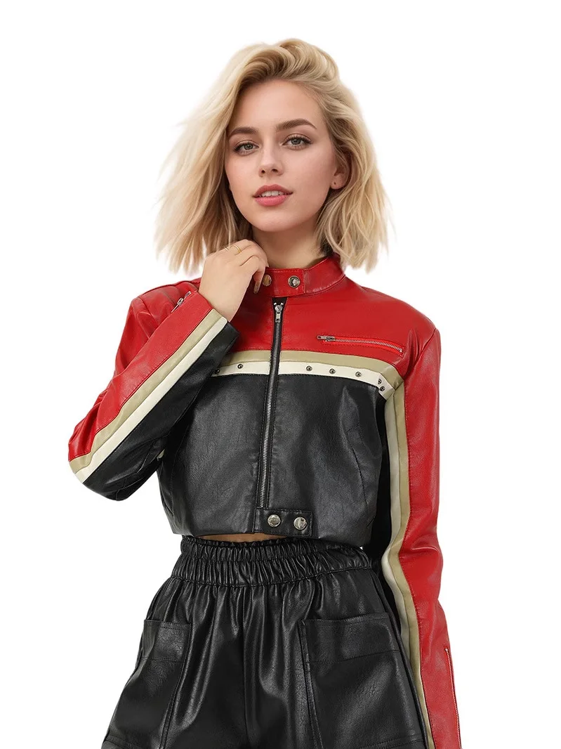 Street Sle Jaet in pelle vintage da donna Top da motociclista casual allentato Materiale PU Cappotto lungo con colletto alla coreana con chiusura a cerniera