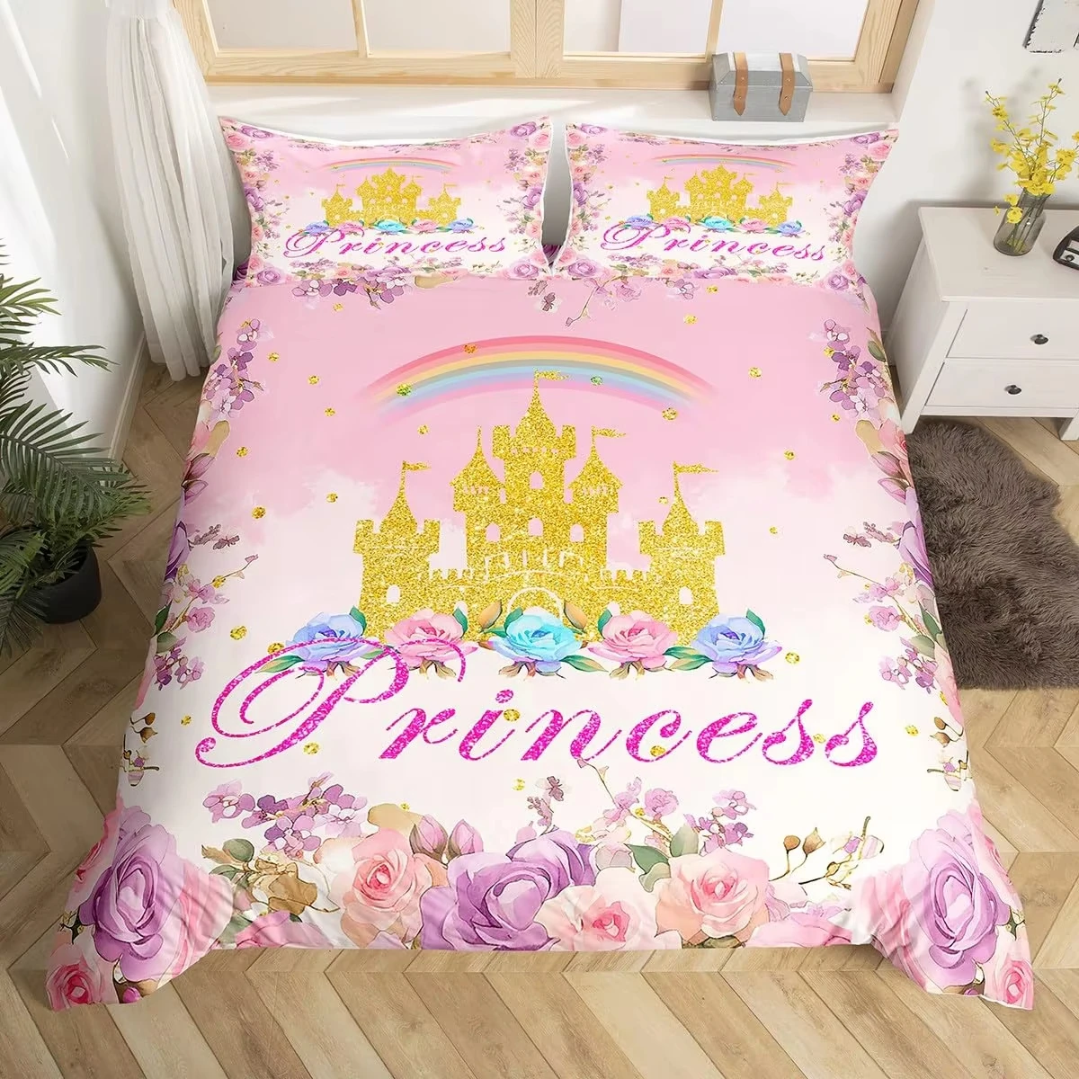 Fairy Tale Castle Bedding Set Twin Queen,Girly Golden Castle Silhouette Duvet Cover,Blooming Flowers Botanical Comforter Cover