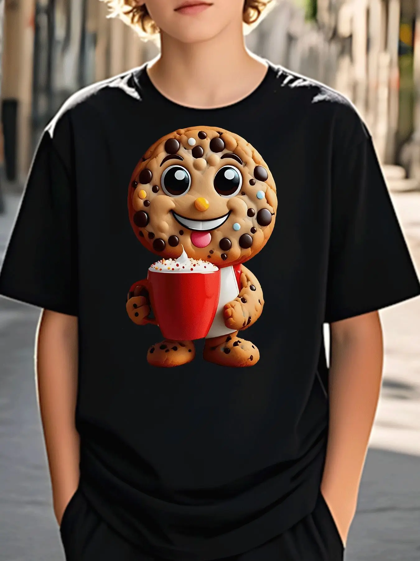 Summer Leisure Trend for Children Happy Chocolate T-shirt Holding A Red Coffee Cup, Summer Holiday Gift, Daily Parent-child Wear