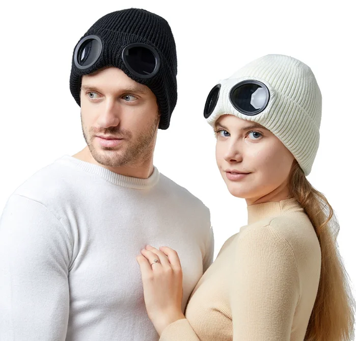 

Men Women Outdoor Winter Warm thicker Ski Skull Beanie Knitted Hat With Goggles For Snow time