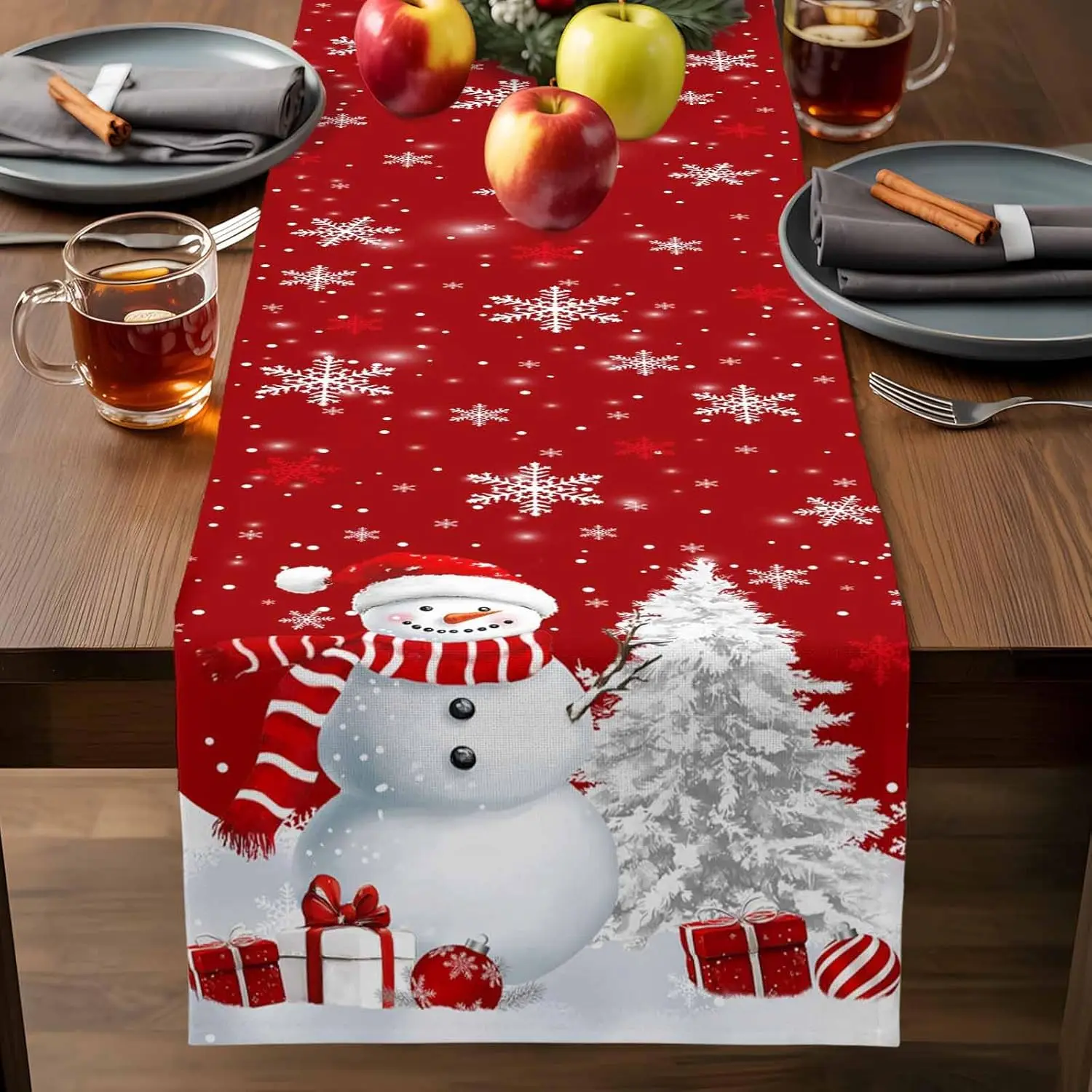 عيد الميلاد ثلج شجرة عيد الميلاد الكتان الجدول عداء ديكور الحفلات قابلة لإعادة الاستخدام الشتاء الثلج طاولة طعام العدائين زينة عيد الميلاد #3