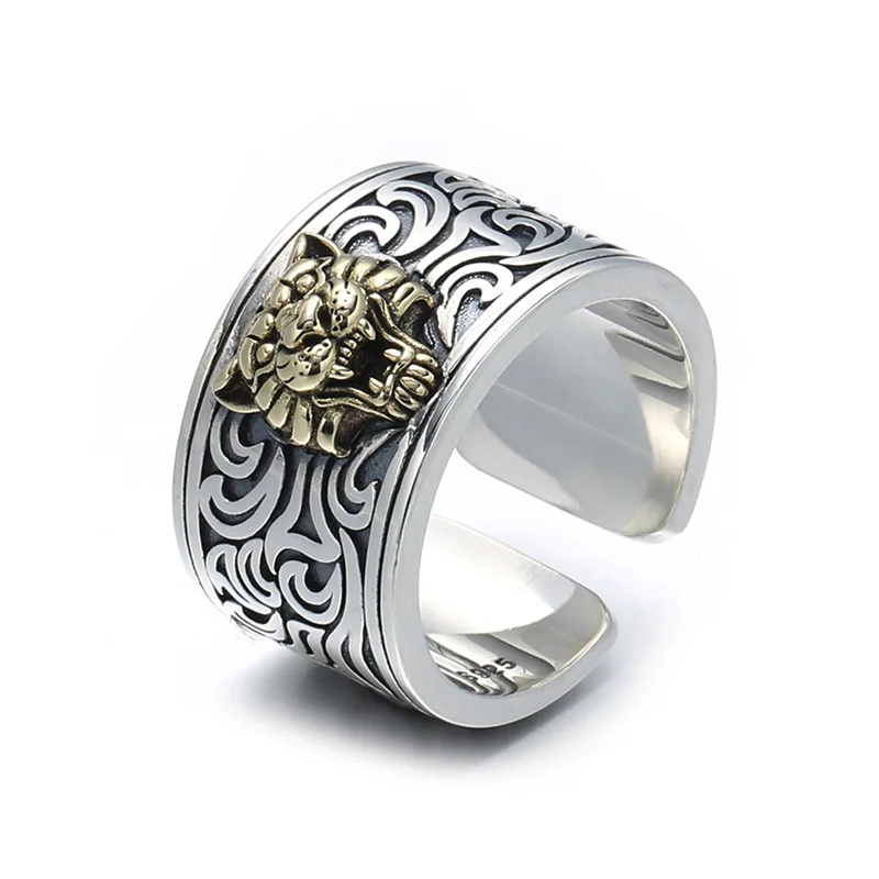QEENKISS RG6941 Fine Jewelry Party Birthday Wedding Christmas Gift Vintage Tiger Silver Adjustable Ring for Men Father Boyfriend
