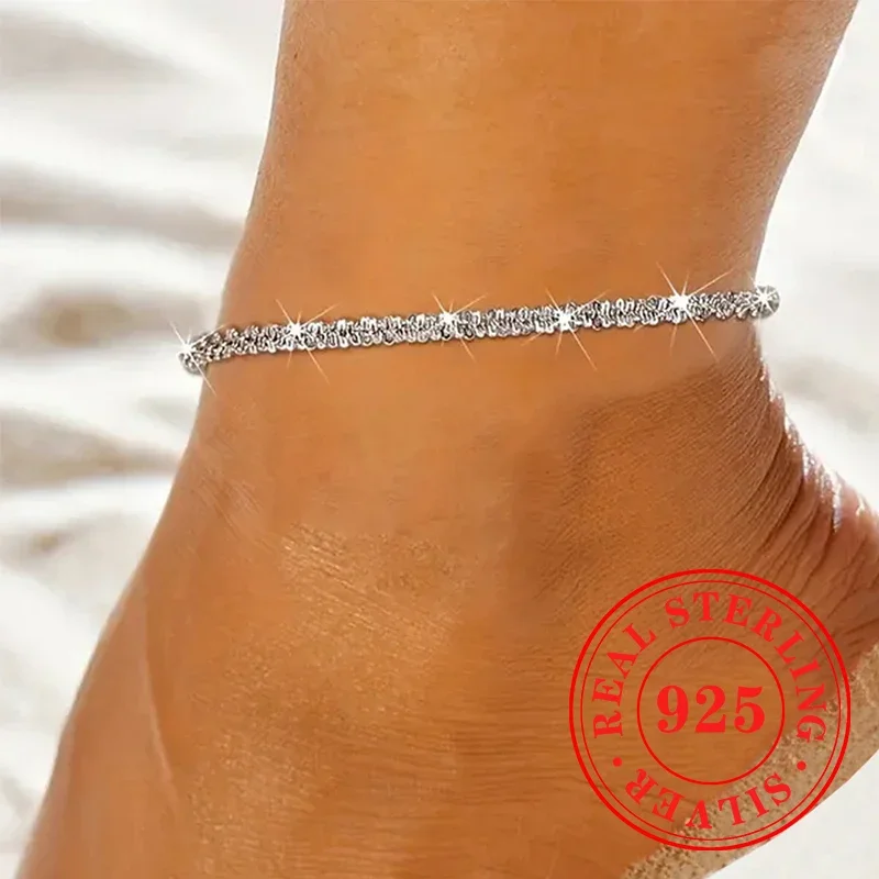 Huitan Bling Bling Attractive Anklet 925 Sterling Silver Snake Chain Holiday Ankle Accessories for Women Exquisite Party Jewelry