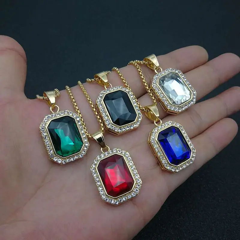 Elegant Square Gem Pendant Necklace - Stainless Steel Multi-Color Rhinestone Fashion Jewelry