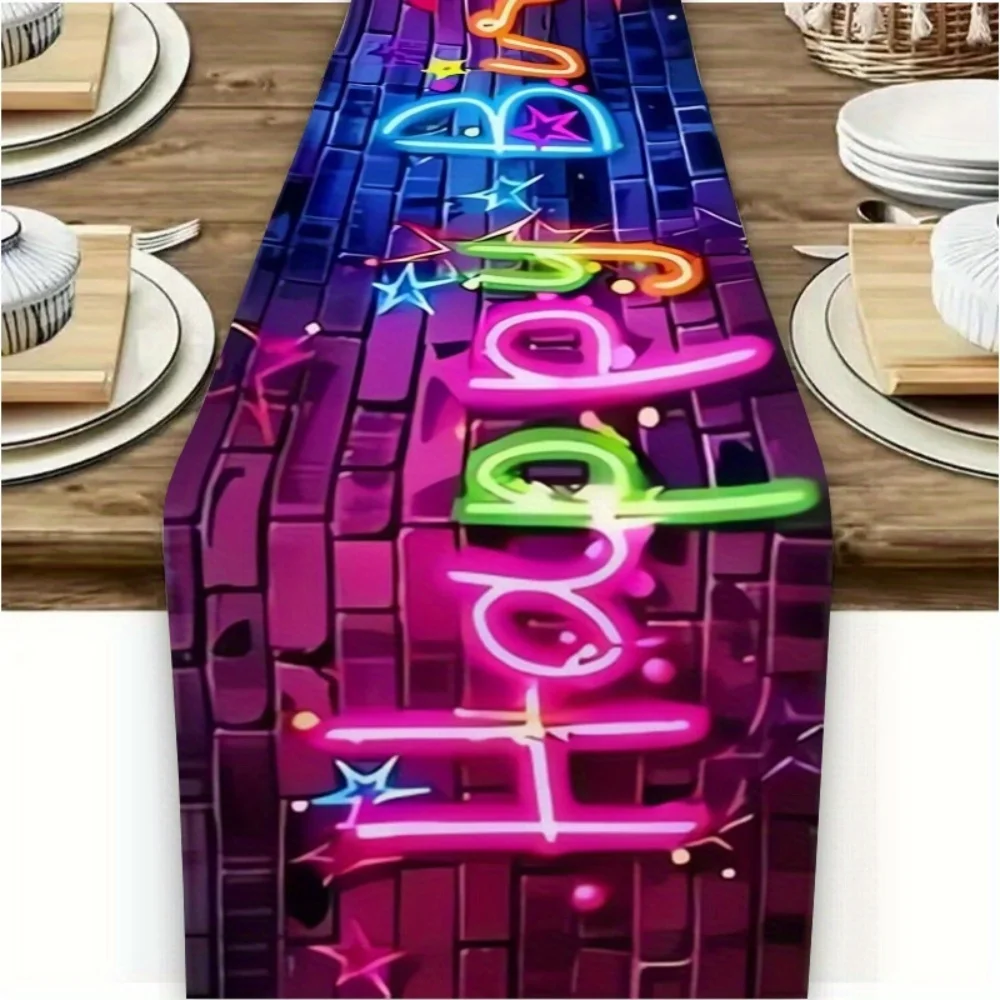 1pc Neon Glow Happy Birthday Table Runner - Vibrant Pink wit
