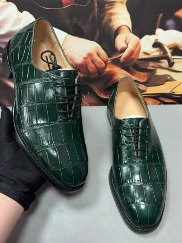 Crocodile Skin Male Dress Shoes Mens Luxury Business Shoes Dark Green Genuine Leather Formal Footwear Pointed Toe Lace Up Shoes