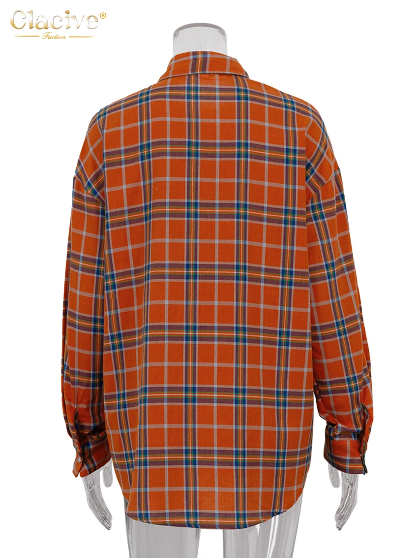 ClacMarkets-Chemisier à carreaux pour femme, haut à boutonnage simple, chemise à manches longues, revers élégant, vintage, surdimensionné, mode 2023