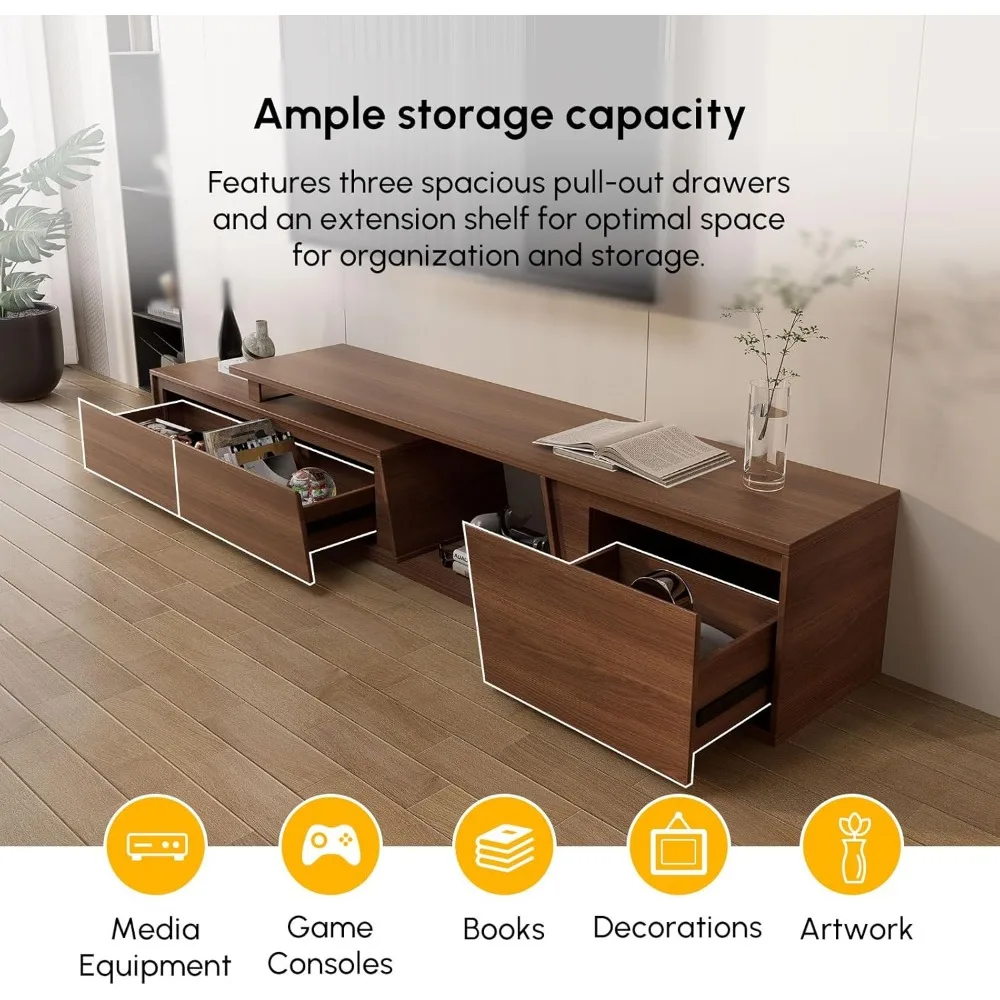 Extendable TV Stand with 3 Drawers Minimalist Rectangle Entertainment Center Walnut TV Console Table Up to 110"