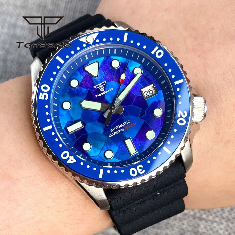 

Tandorio NH35A 41mm 200m Dive Men's Automatic Watch Blue Mother of Pearl Dial Date Sapphire Rotating Bezel Luminous Screw Crown