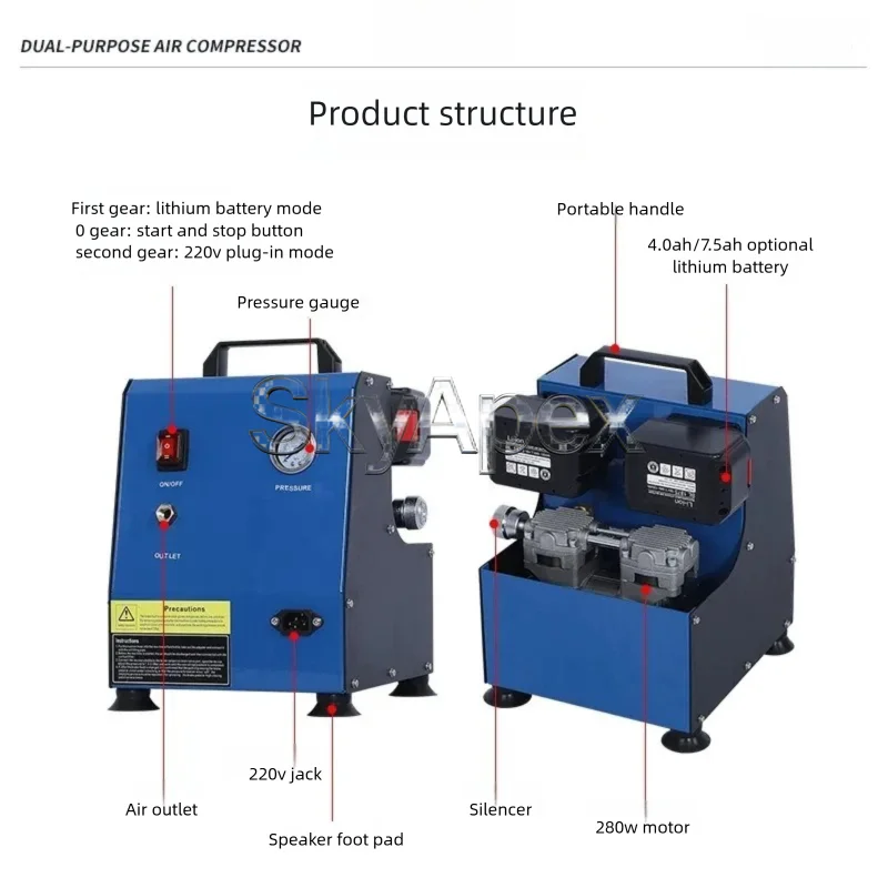Lithium Battery Portable Low Noise Oil Free Air Compressor AC DC Dual Use Universal Pump Industry-Specific Equipment - view 6
