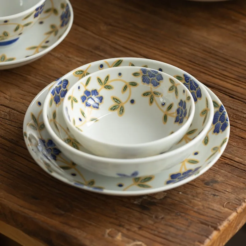 Japanese-Style Bluebell Underglaze Ceramic Bowl & Plate Set, Rice Bowl, Veggie Plate, Large Soup Bowl