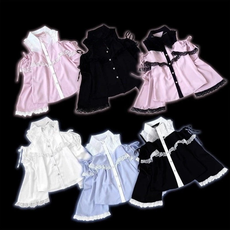 

Japanese Off Shoulder Lolita Flare Sleeve Shirt Harajuku Fairy Blusas Y2k Aesthetic Lace Patchwork JK Top Sweet Blouse No Bow