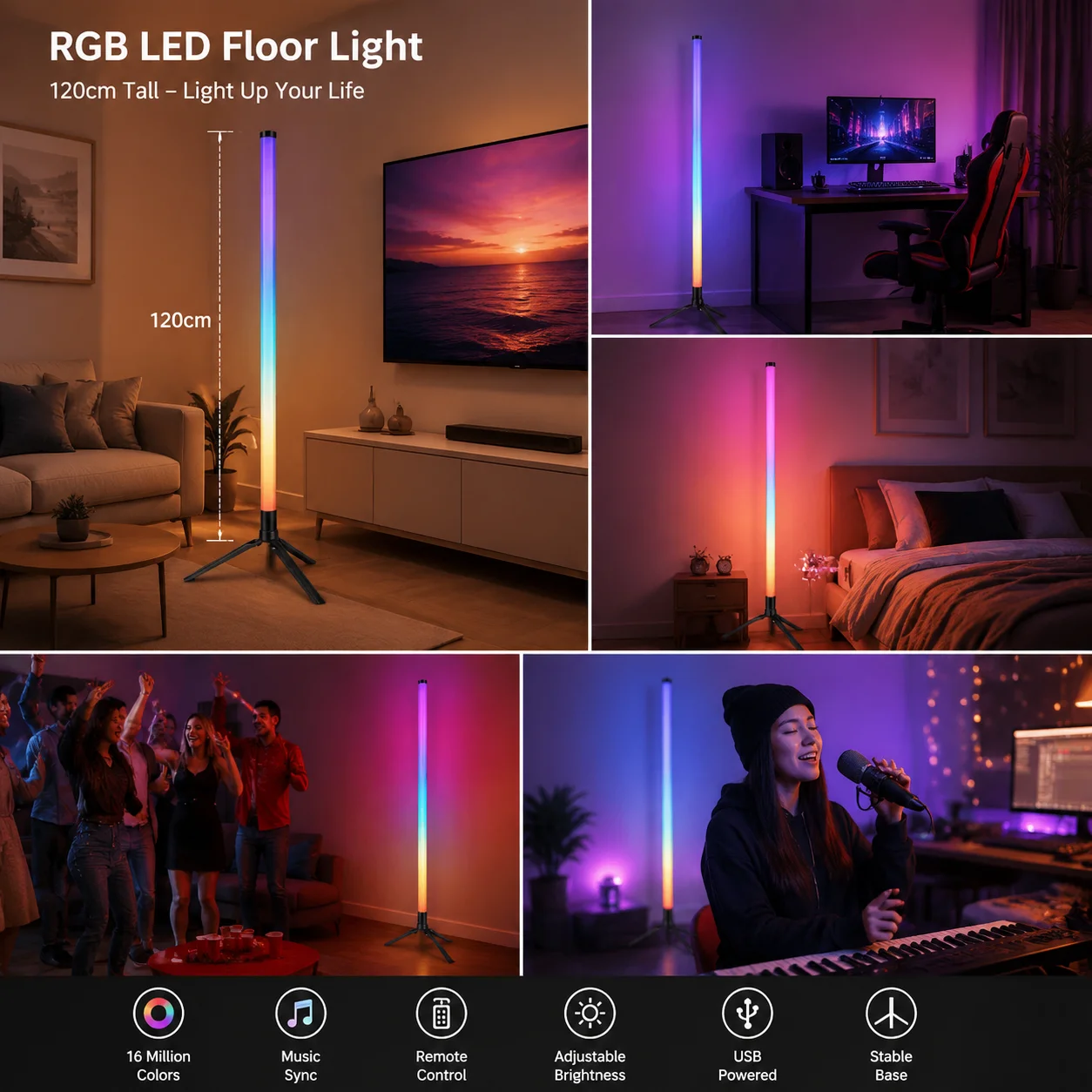 Vertical Corner Floor Lamp Mood Light High Brightness LED with App and Remote Control Music Sync Color Changing for Home Decor