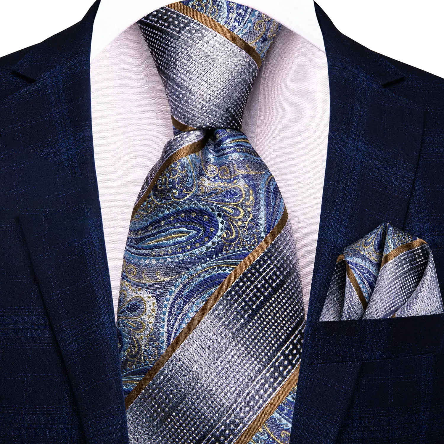 VERVEROW Men Blue Paisley Stripe Necktie Pocket Square Set Formal Business Tie