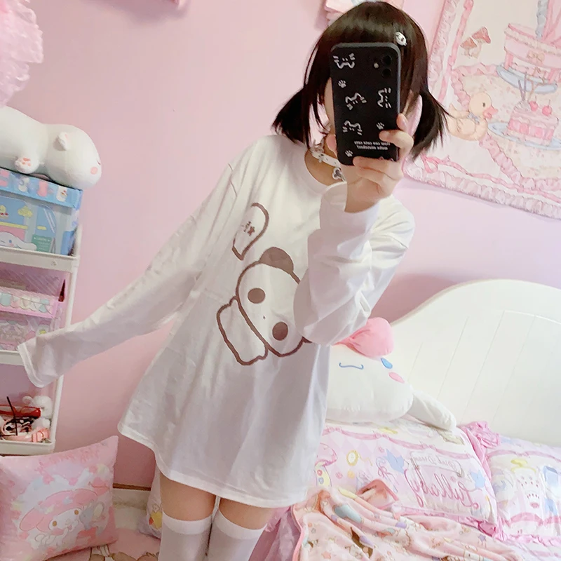 Y2K women clothing stitch Subculture Sweet Cute Panda Print Top Loose Long-sleeved Shirt Harajuku Cartoon Casual 2024 Shirts