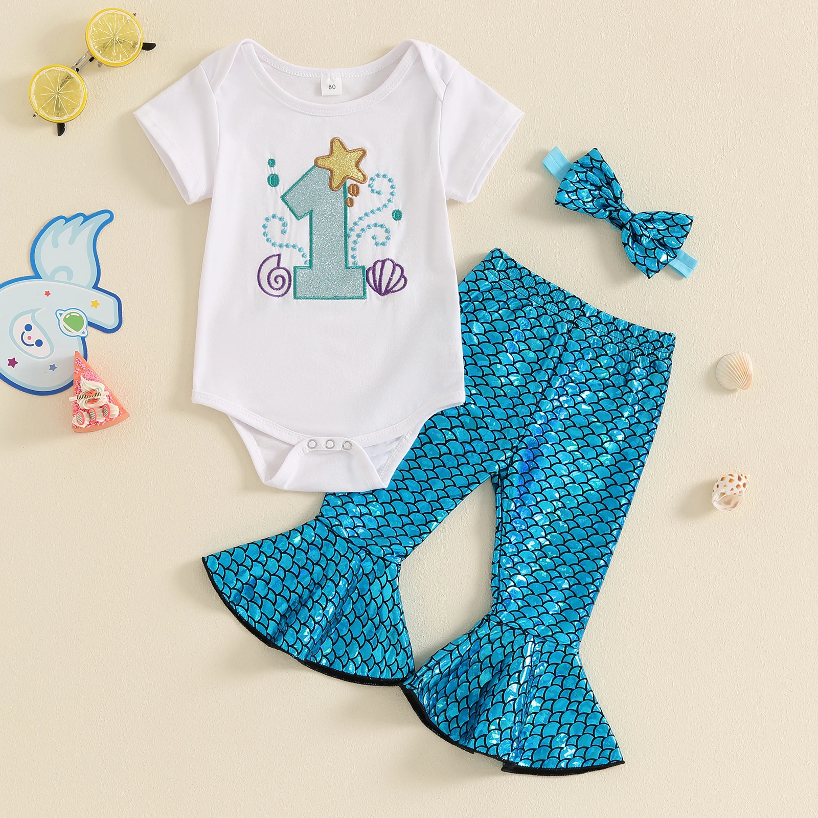 Toddler Infant Baby Girl Clothes Sets Birthday Outfits Letter Romper Mermaid Flare Pants Summer Outfits