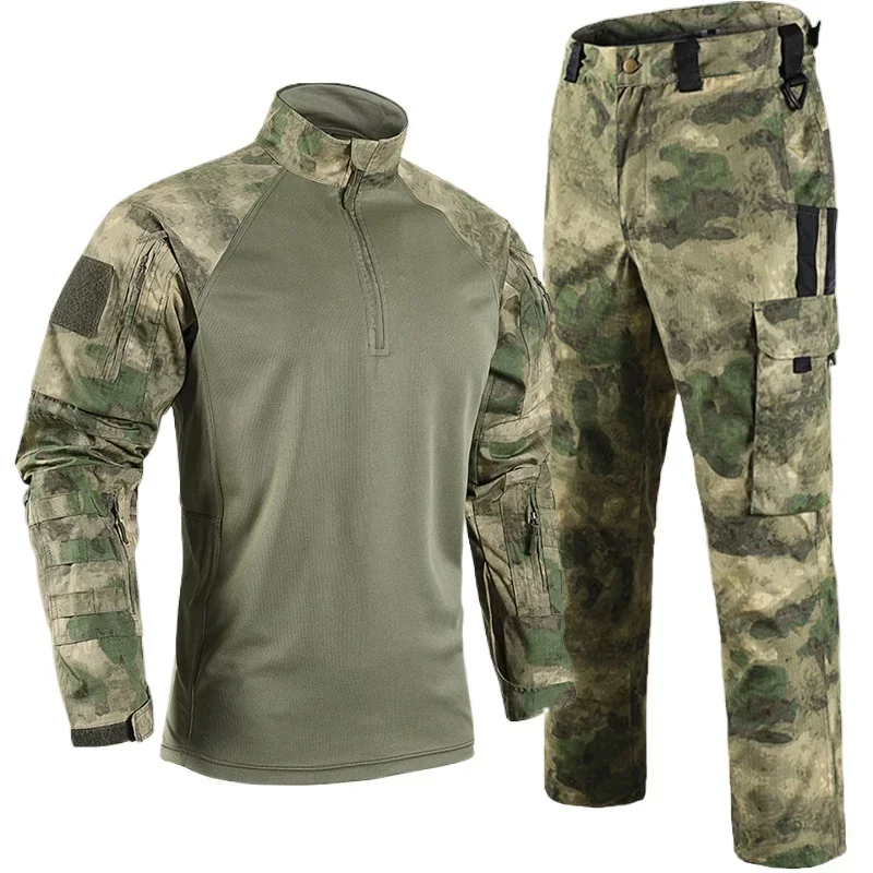 

Ruins Camo Tactical Sets Men Autumn Breathable Quick-drying Training Tshirts+Multi-pocket Wear-resistant Cargo Pants 2 Pcs Suits