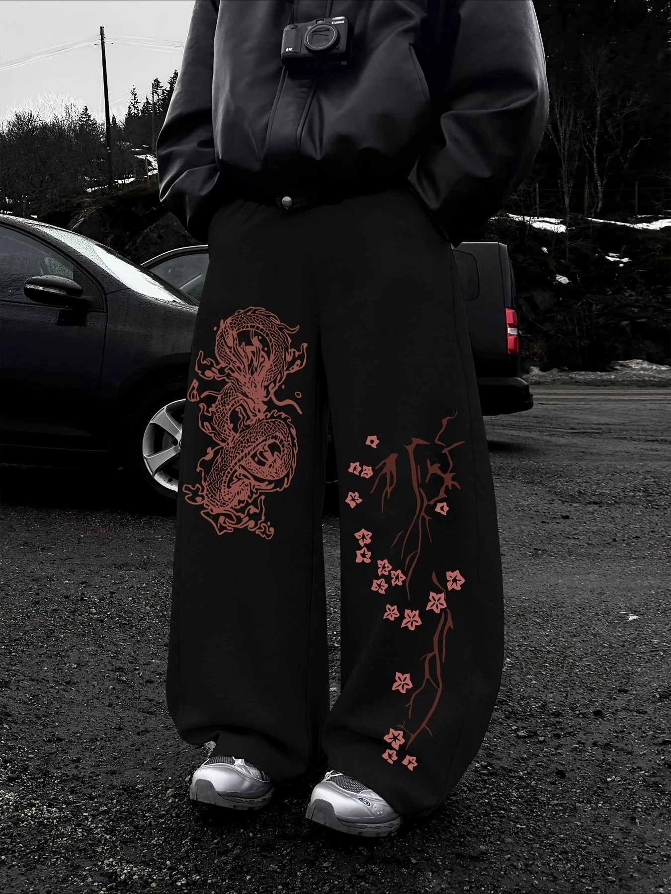 Japanese Harajuku Street Cherry Blossoms and Wind Printed Wide Leg Pants for Men and Women in Large Size Y2K Casual Pants