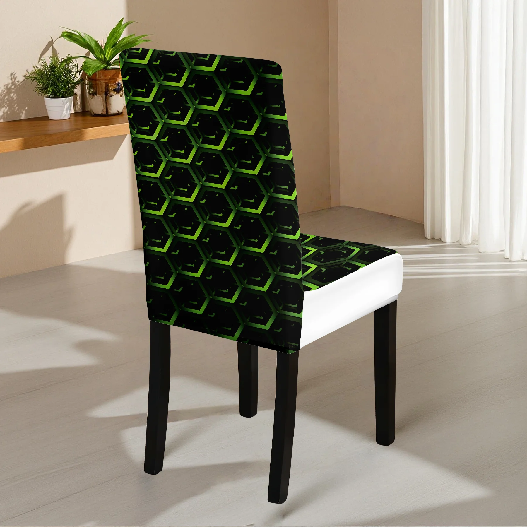 2026 New Stretch Chair Cover, Cool Green Geometric Hexagon Print, Summer Outdoor & Indoor Use, Washable Non