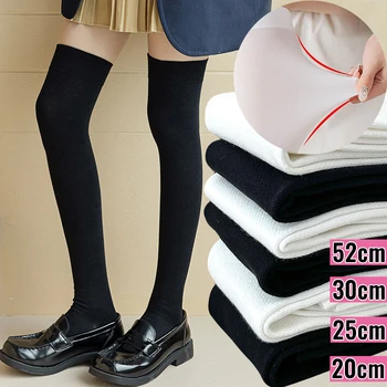 Calcetines largos hasta el muslo para niñas, medias hasta la rodilla, estilo JK, Lolita Kawaii, Color sólido, negro y blanco, Japón