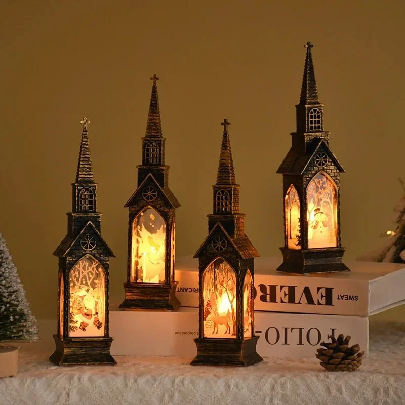 1PC Christmas Table Lantern Church Tower Santa Snowman Panels Warm White LED Night Light Desktop Holiday Home Decor Ornament