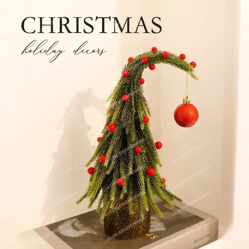Y Unique Tilted Head Mini Christmas Tree, Tabletop Decor for Home Office