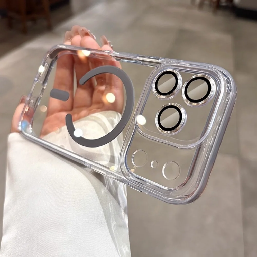 滑り止めバンパー付き透明Magsafeケース iPhone 16 14 15 Plus用 磁気充電カバー iPhone 14 15 16 13 Pro Max Air用