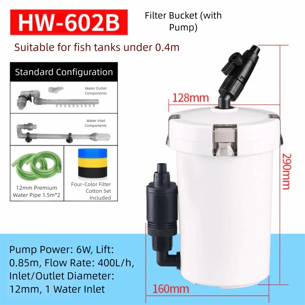 

HW-602B/603B/604B Внешний аквариумный фильтр Встроенный насос Энергосберегающий внешний фильтр для воды Полный набор труб