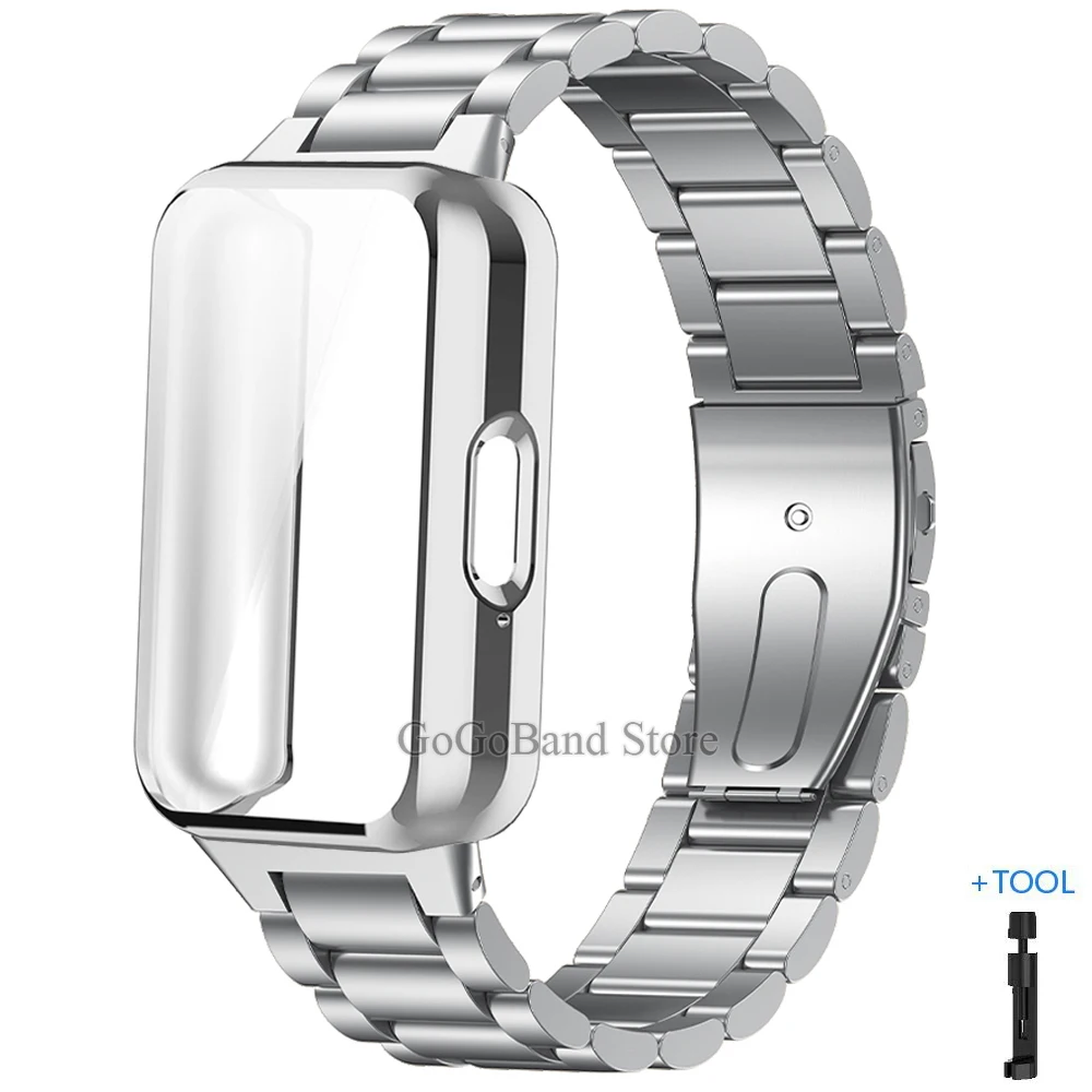 Correa de metal para Samsung Galaxy Fit 3, brazalete de acero inoxidable TPU CASE Cover para Galaxy Fit 3, correa de muñeca de reemplazo Case+Strap