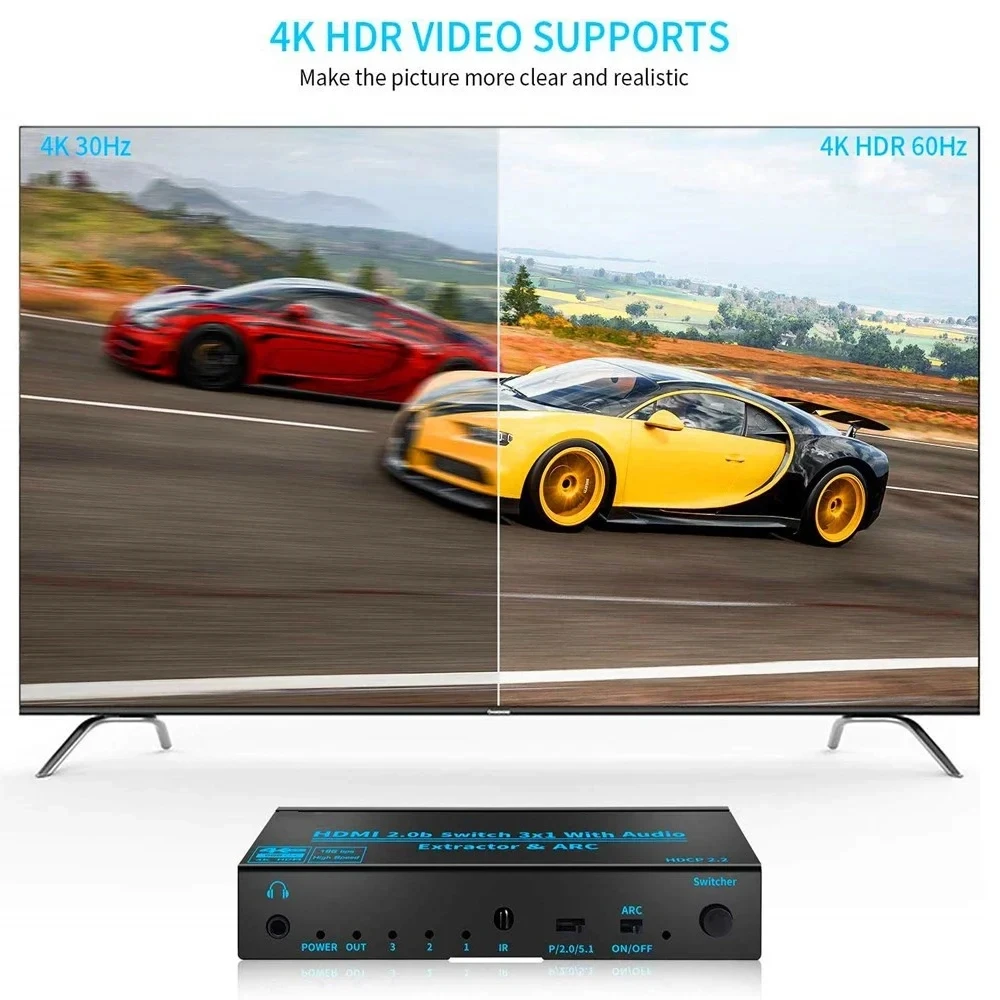 3-portowy przełącznik HD-MI 2.0 4K@60Hz Audio Extractor ARC Toslink SPDIF Kompatybilny z HDMI konwerter przełączający 3x1 do PS5 Xbox TV Laptop