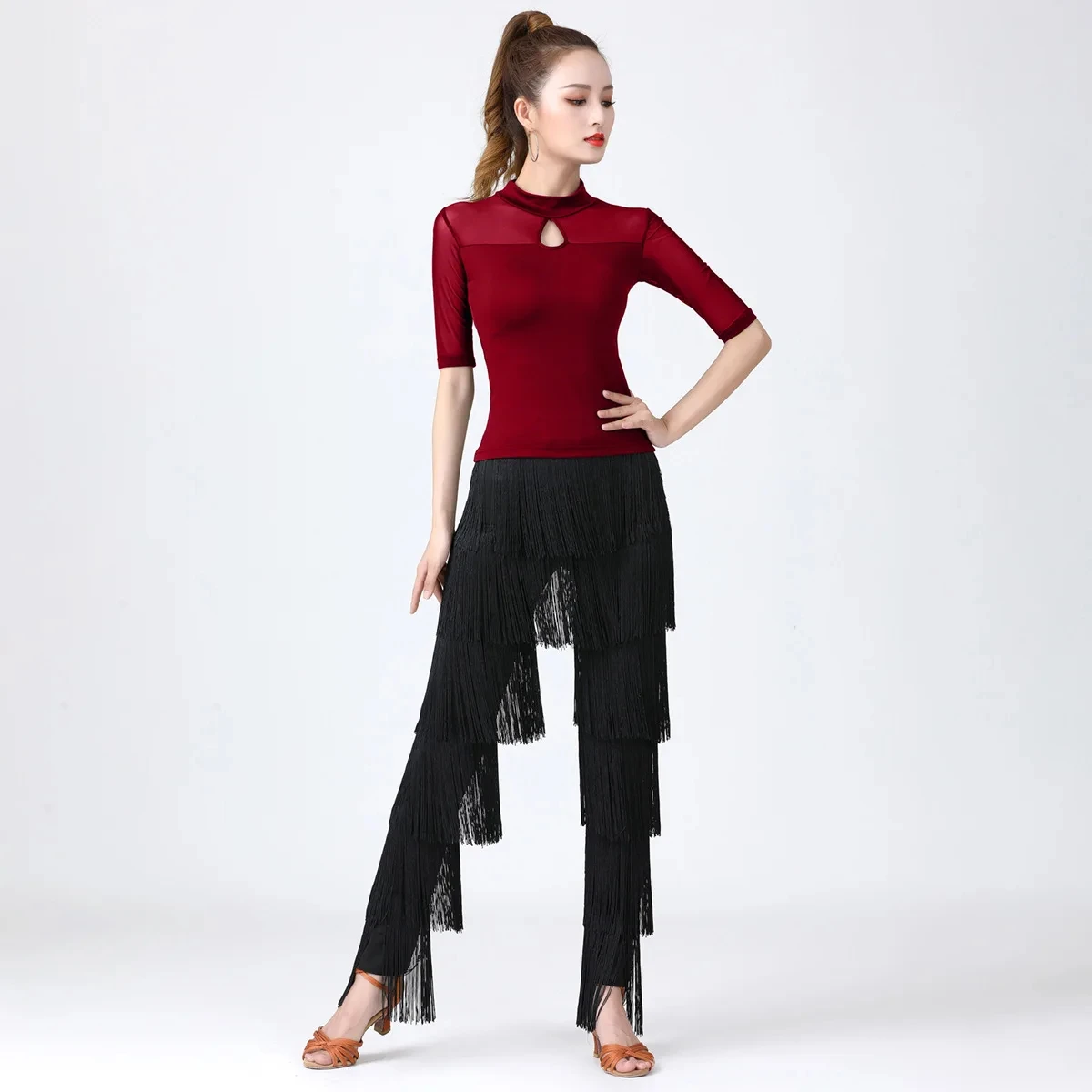 Women Latin Dance Pants Tassels Black Red Fringe Ballroom Tango Salsa Elastic Waist Fashionable Practice Performance Trousers