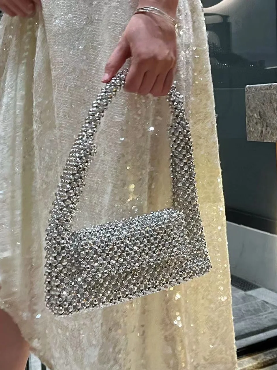 2023SS Women's Black Beaded Metal Silver Hollow Woven Flip Cover Square Single Shoulder Handbag Casual Hard Handle Bag