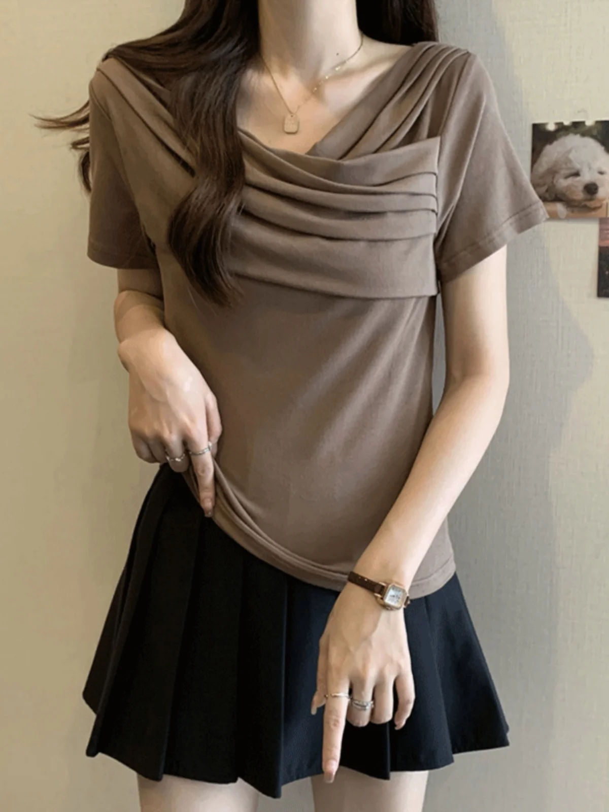 

Unique Cross V-neck Short Sleeve T-shirt Women's Summer Fashion plus Size Slimming Base Shirt Korean Style Creative Pattern