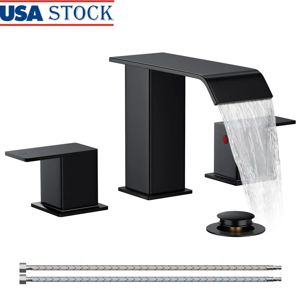 Modern Square Waterfall Black Bathroom Faucet 3 Hole Deck Mount with Pop-up Drain Drip-Free Easy Installation High Quality