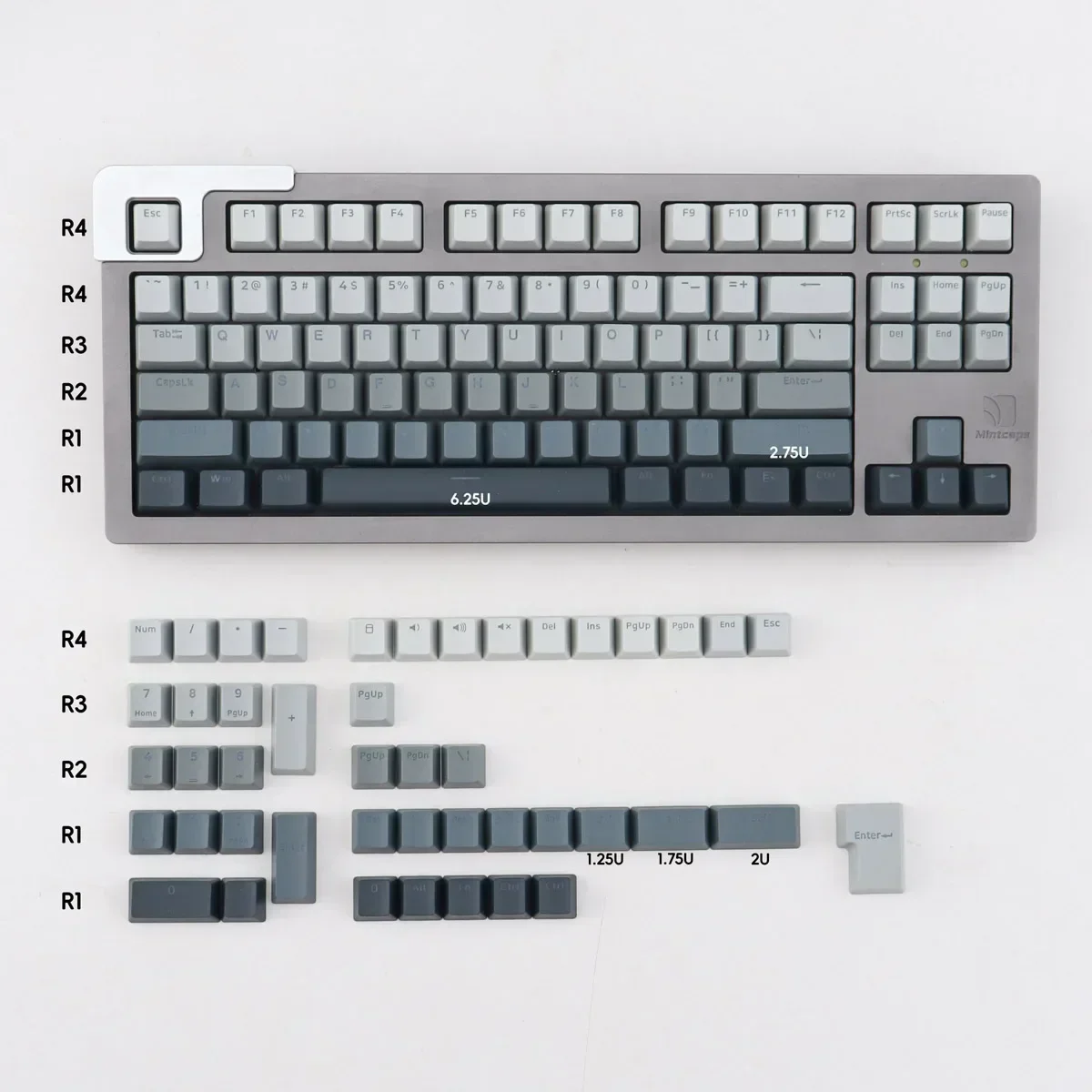 Luz grabada gris de cambio Gradual, teclado mecánico de 132 teclas, día polar, PBT, infección de dos colores, altura OEM 75/87