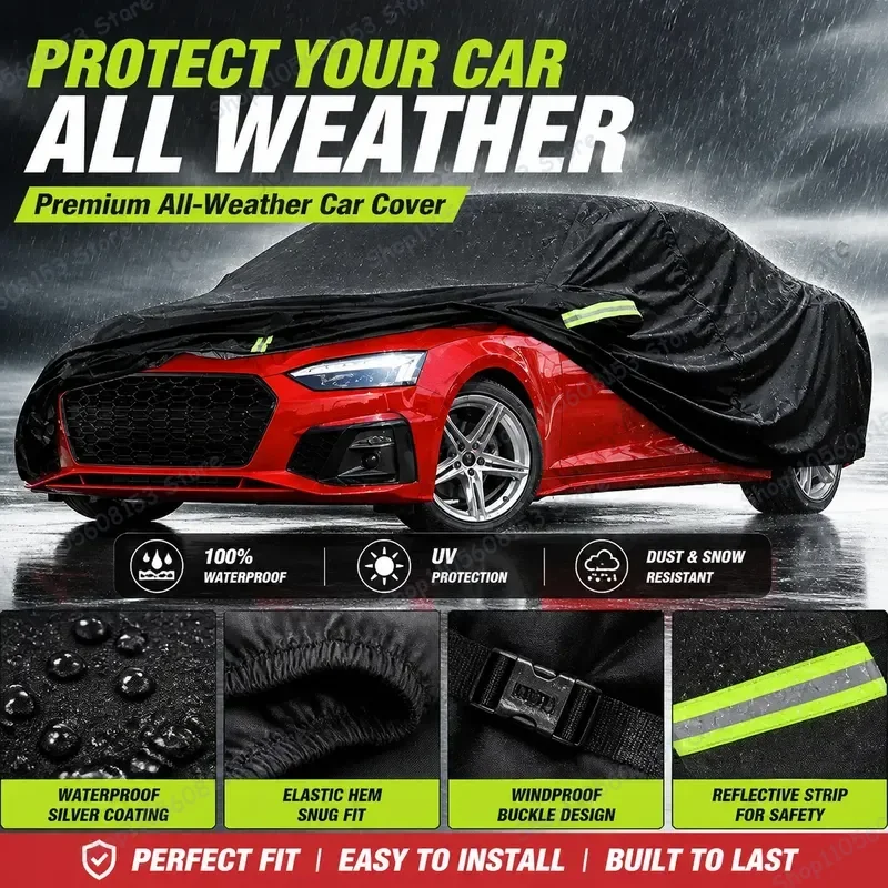 

For Audi A5 For Outdoor Car Cover For Snow Rain UV Sun Protection Waterproof Dustproof Breathable Full Coverage Black 210T