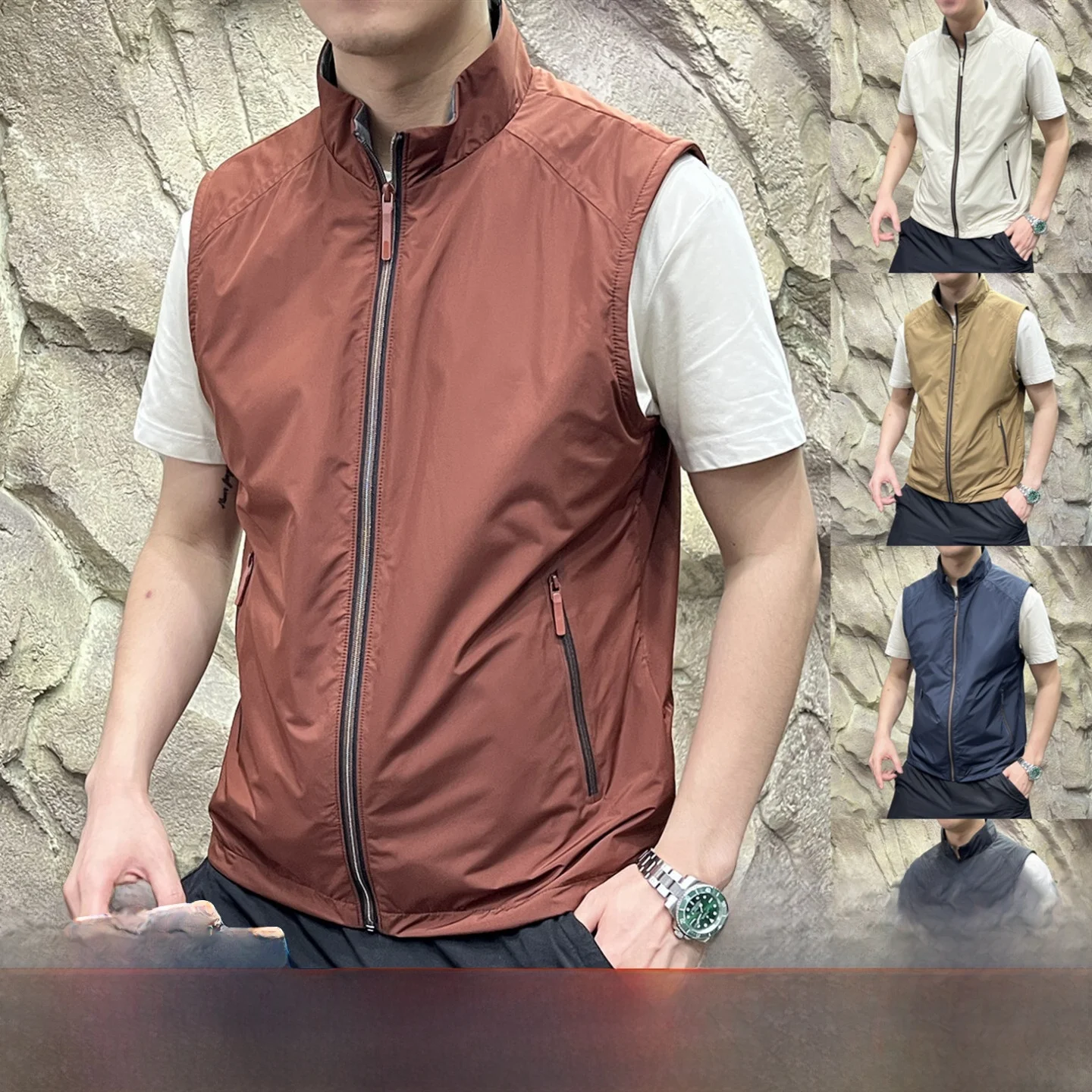 

Мужской уличный жилет из ткани с эффектом памяти, дышащий водонепроницаемый осенний деловой повседневный жилет-стойка из полиэфирного волокна, молодежный Vitali