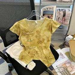 New Chinese style buckle diagonal tie-dyed lace shirt female summer Maillard V-neck short-sleeved shirt irregular mesh top