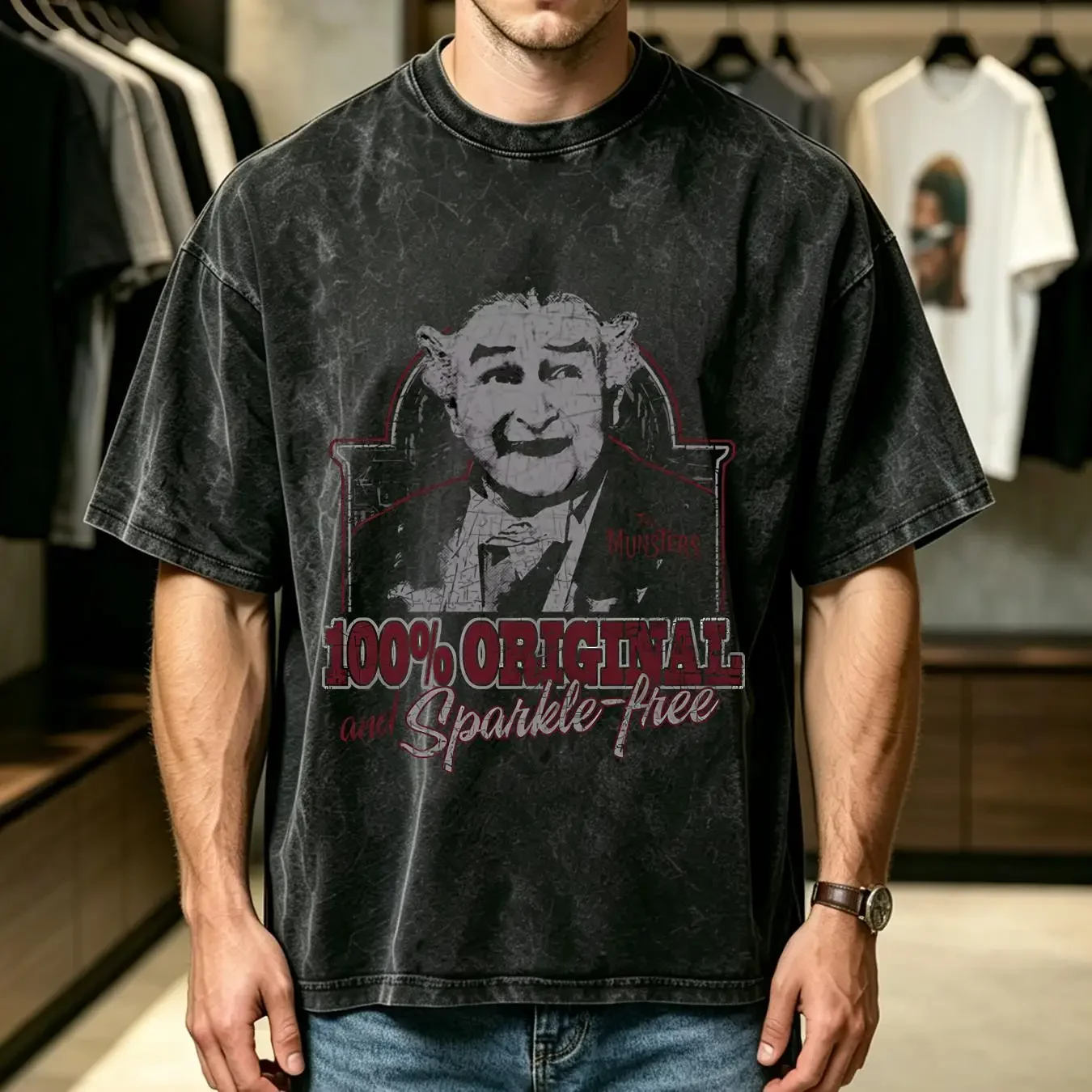 washed T Shirt The Munsters Grandpa 100 Original and Sparkle free Black long or short sleeves vintage Washed homme Slightly