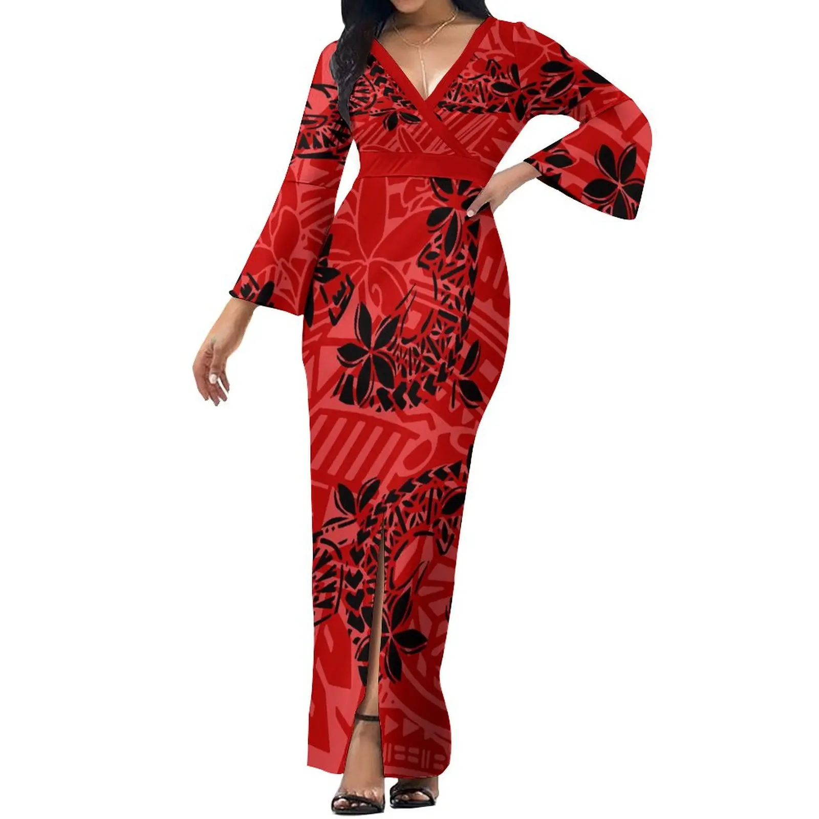 2024 Quality Fabric Long Sleeve Art Print Samoa Club Women'S Dress Slim Slit Maxi Polynesian Pattern Custom Pacific Island Dress