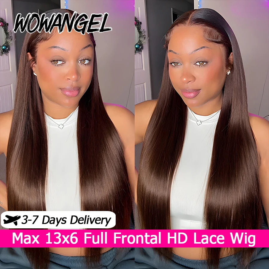 WOWANGEL Pelucas de cabello humano liso marrón chocolate, pelucas frontales completas de encaje HD 13x6, pelucas sin pegamento con encaje pre-arrancado para mujer