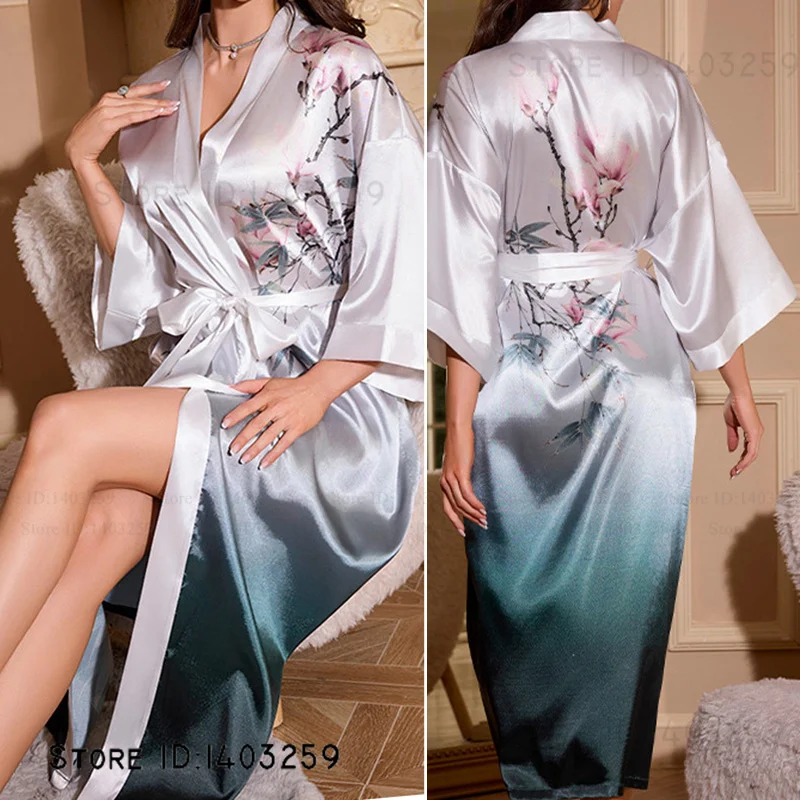 

New Chinese Style Long Robe Kimono Bathrobe Gown Women Negligee Sleepwear Print Flower Home Dress Nightgown Loose Loungewear