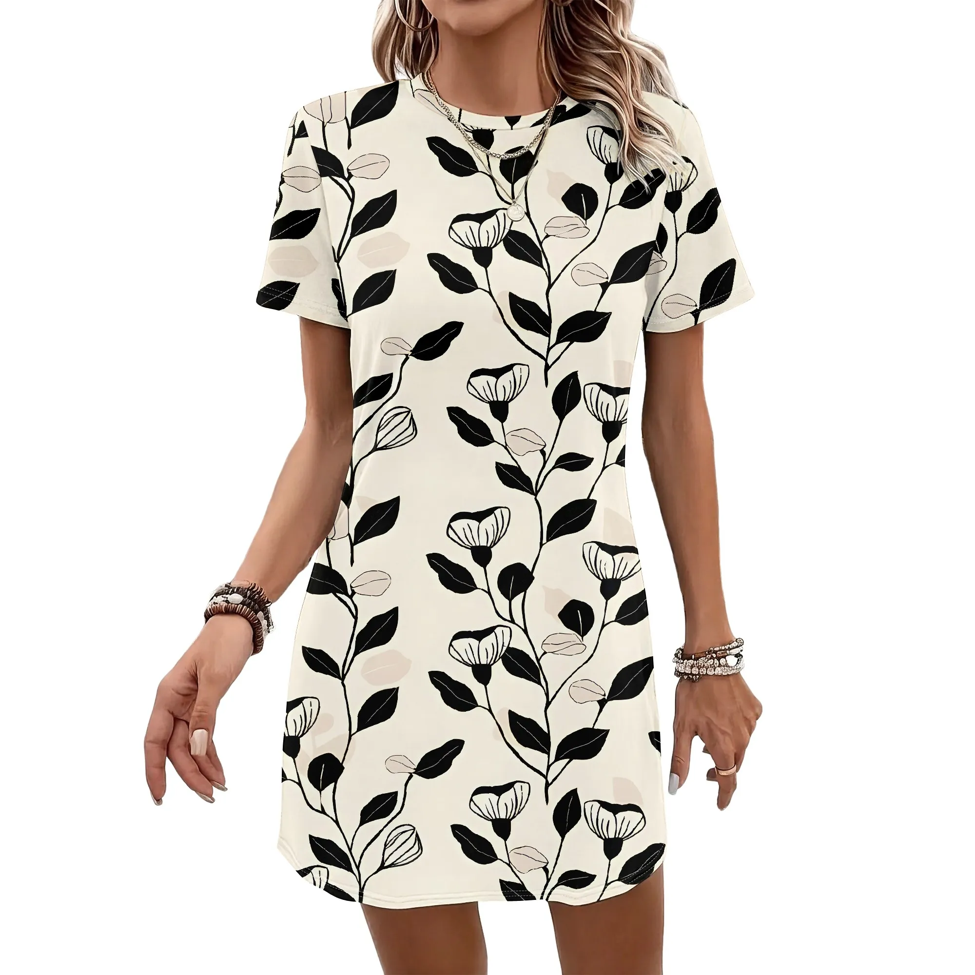 Blumenmuster-Kurzarmkleid, Schwarzes Blätterdruck-Tunika-Kleid, Sommerliches Casual-Shift-Kleid, Damen-Mini-Sommerkleid für Strandpartys, S-2XL – Detail 1