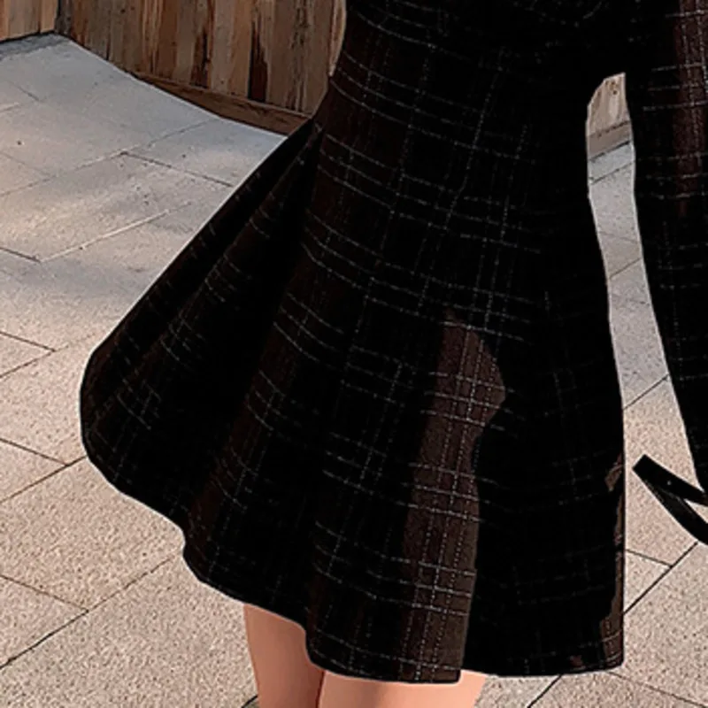 HKSH New Women Short Dress Long Sleeve Plaid Waist Cinching A-line Dark Style Elegant Trendy Y2K Vinatge Fashion Dresses HK10208
