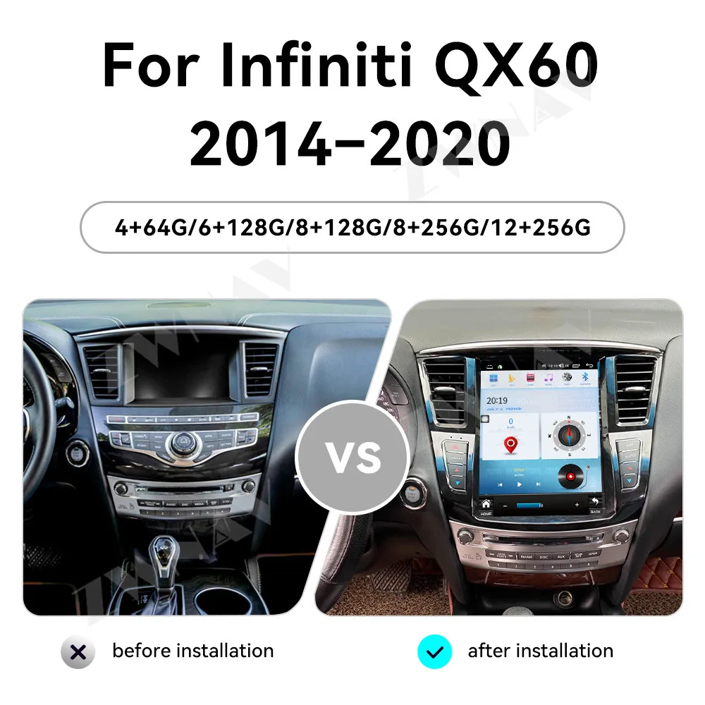 Carplay راديو السيارة 12.1 بوصة تعمل باللمس لإنفينيتي QX60 2014-2020 أندرويد 14 نظام تحديد المواقع والملاحة سيارة مشغل وسائط متعددة رئيس وحدة #2