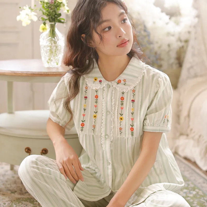 Sweet Striped Soft Cotton Pajamas Sets For Women Long Pants Loose Delicate Embrodiery Girls Spring Summer Sleepwear Home Clothes