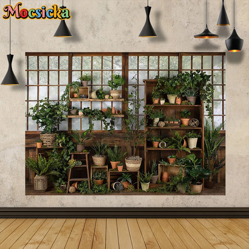 

Green Leaf Potted Plant Decor Photo Background Banner for Studio Wood Window Brackets Spring Backdrop Children Easter Photocall