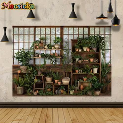 Green Leaf Potted Plant Decor Photo Background Banner for Studio Wood Window Brackets Spring Backdrop Children Easter Photocall