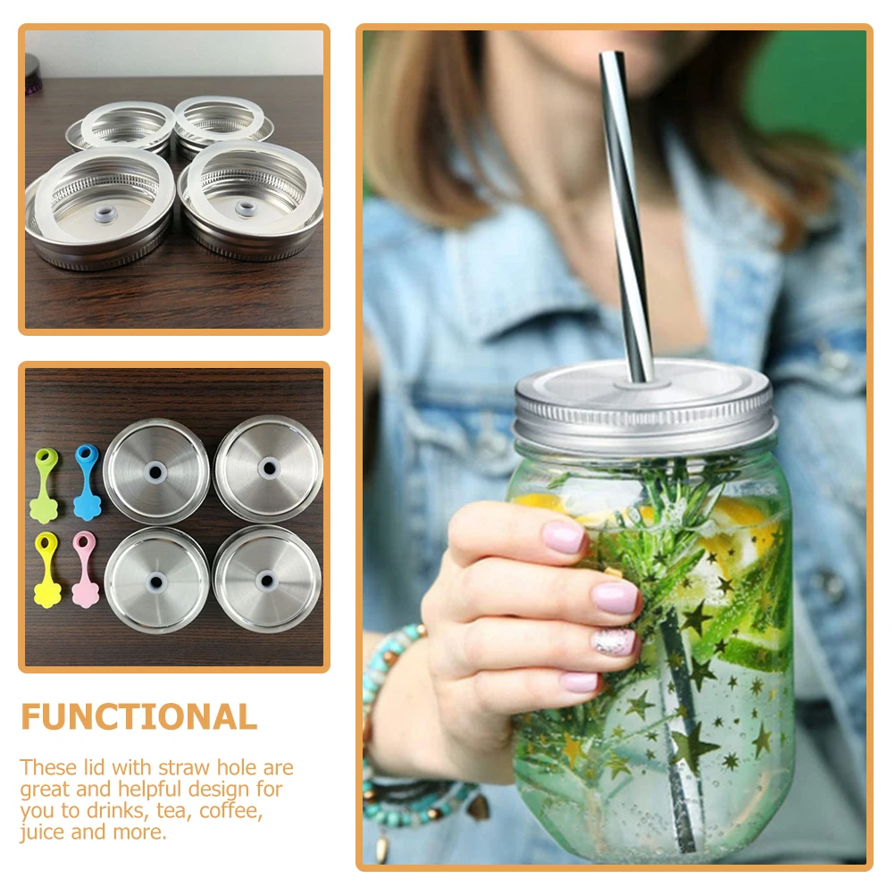 

4pcs Stainless Steel Straw Lids Sealed Jar Covers Glass Containers Bottle Anti Leakage Mason Jars Canning Kitchen Storage