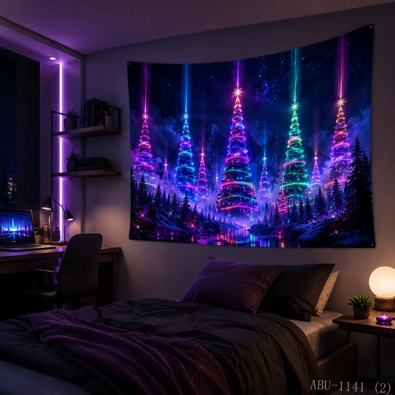 VIKAMA Neon Light Track Snow Mountain Lake Christmas Tree Starry Sky Christmas Tapestry HD Background Wall Room Decoration
